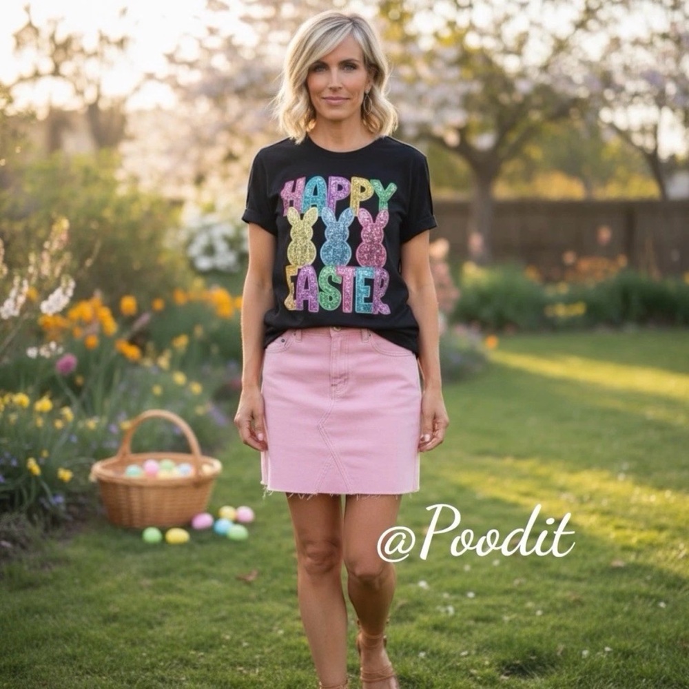 Happy Easter graphic transfer black loose fit holiday tee S M L XL 2XL 3XL